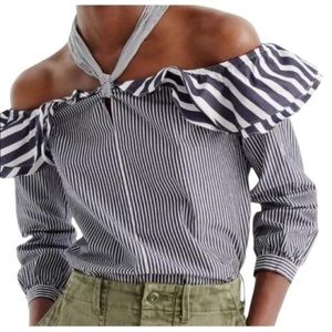 J. Crew Off the Shoulder Blue White Stripe Tie Neck Long Sleeve Blouse Size 6